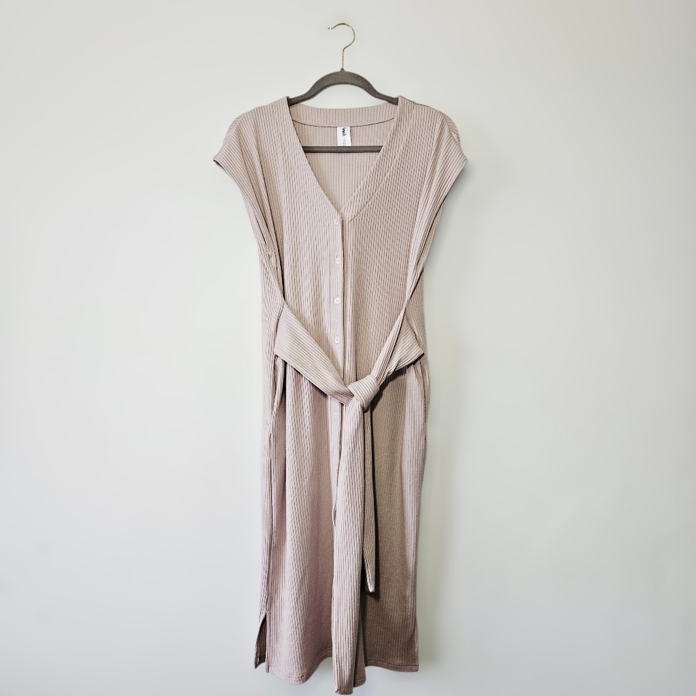 Smash & Tess Ribbed Midi Dress Size S Tie Waist V Neck Button Front